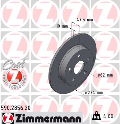 ZIMMERMANN Bremseskive 590285620 bagaksel fuld 274mm 10mm for TOYOTA SUZUKI
