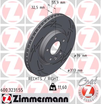 ZIMMERMANN Bremseskive 600323155 højre foraksel lukket 333mm 32mm for VAG
