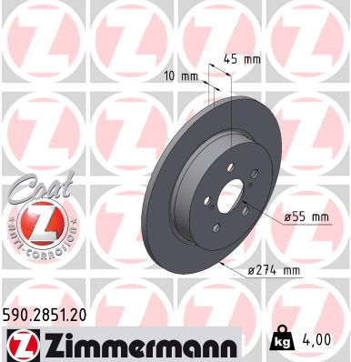 ZIMMERMANN Bremseskive 590285120 bagaksel fuld 274mm 10mm for MAZDA TOYOTA