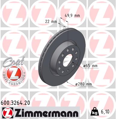 ZIMMERMANN Bremseskive 600326420 foraksel ventileret 280mm 22mm for VAG