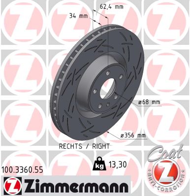 ZIMMERMANN Bremseskive 100.3360.55 foraksel lukket 356mm 34mm for AUDI
