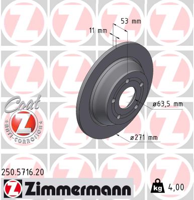 ZIMMERMANN Bremseskive 250571620 bagaksel fuld 271mm 11mm for FORD