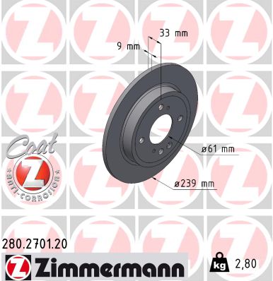ZIMMERMANN Bremseskive 280270120 bagaksel fuld 239mm 9mm for HONDA