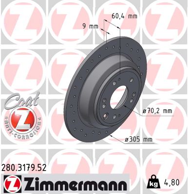 ZIMMERMANN Bremseskive 280317952 bagaksel perforeret 305mm 9mm for HONDA
