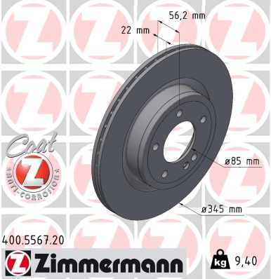 ZIMMERMANN Bremseskive 400556720 bagaksel ventileret 345mm 22mm for MERCEDES-BENZ