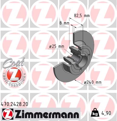 ZIMMERMANN Bremseskive 470242820 bagaksel fuld 240mm 8mm for RENAULT