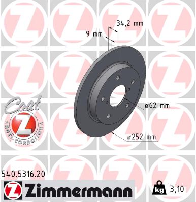 ZIMMERMANN Bremseskive 540531620 bagaksel fuld 252mm 9mm for SUZUKI