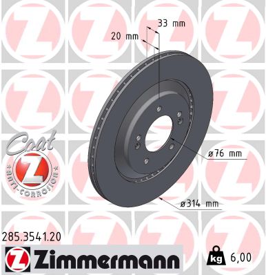 ZIMMERMANN Bremseskive 285354120 bagaksel udvendig ventileret 314mm 20mm for HYUNDAI