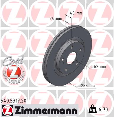 ZIMMERMANN Bremseskive 540531720 foraksel ventileret 285mm 24mm for SUZUKI
