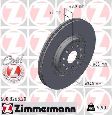 ZIMMERMANN Bremseskive 600326820 foraksel indvendig ventileret 340mm 27mm for FORD VAG