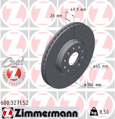ZIMMERMANN Bremseskive 600327152 foraksel perforeret 306mm 26mm for VAG