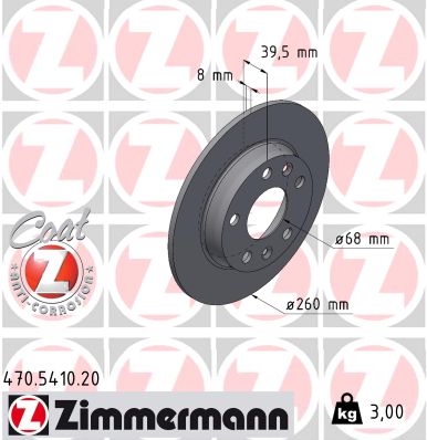 ZIMMERMANN Bremseskive 470541020 bagaksel fuld 260mm 8mm for RENAULT