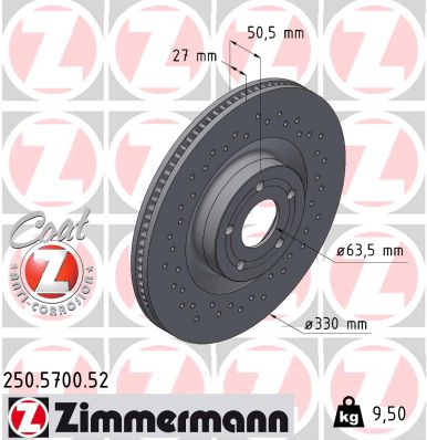 ZIMMERMANN Bremseskive 250570052 foraksel perforeret 330mm 27mm for FORD