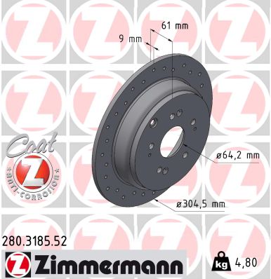 ZIMMERMANN Bremseskive 280318552 bagaksel perforeret 304mm 9mm for HONDA (GAC) HONDA