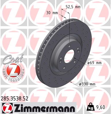 ZIMMERMANN Bremseskive 285353852 foraksel perforeret 330mm 30mm for HYUNDAI