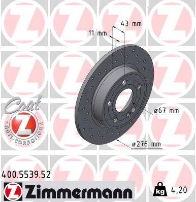 ZIMMERMANN Bremseskive 400553952 bagaksel perforeret 276mm 11mm for MERCEDES-BENZ