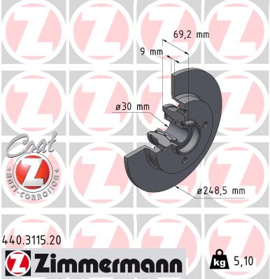 ZIMMERMANN Bremseskive 440311520 bagaksel fuld 249mm 9mm for PEUGEOT (DF-PSA) OPEL CITROËN/PEUGEOT CITROËN (DF-PSA)