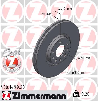 ZIMMERMANN Bremseskive 430149920 foraksel udvendig ventileret 314mm 28mm for OPEL SAAB GENERAL MOTORS