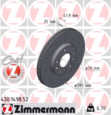 ZIMMERMANN Bremseskive 430149852 foraksel perforeret 285mm 25mm for OPEL BAIC SAAB FIAT GENERAL MOTORS