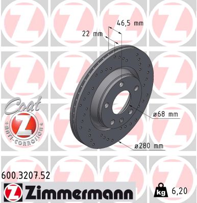 ZIMMERMANN Bremseskive 600320752 perforeret 280mm 22mm for VAG