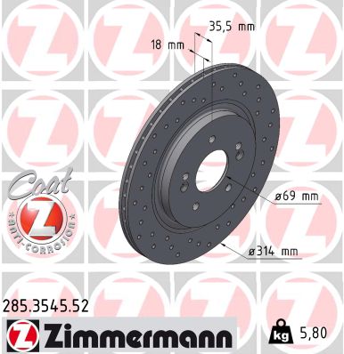 ZIMMERMANN Bremseskive 285354552 bagaksel perforeret 314mm 18mm for HYUNDAI
