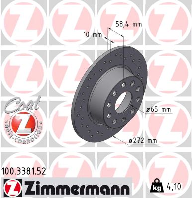 ZIMMERMANN Bremseskive 100338152 bagaksel perforeret 272mm 10mm for VAG