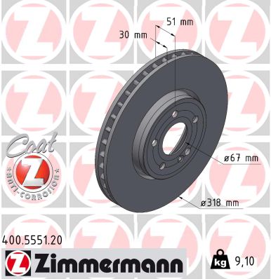 ZIMMERMANN Bremseskive 400555120 foraksel ventileret 318mm 30mm for MERCEDES-BENZ