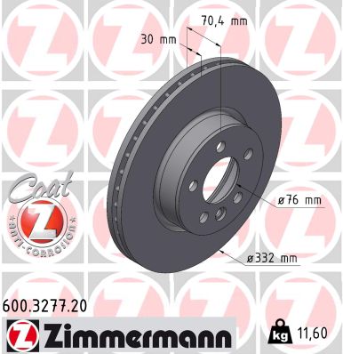 ZIMMERMANN Bremseskive 600327720 foraksel ventileret 332mm 30mm for VAG