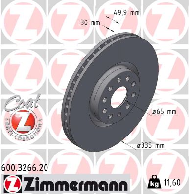ZIMMERMANN Bremseskive 600326620 foraksel ventileret 335mm 30mm for VAG