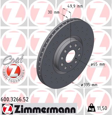ZIMMERMANN Bremseskive 600326652 foraksel perforeret 335mm 30mm for VAG