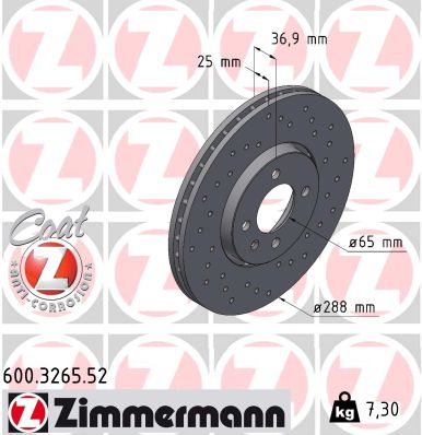 ZIMMERMANN Bremseskive 600326552 foraksel perforeret 288mm 25mm for VAG