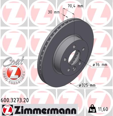 ZIMMERMANN Bremseskive 600327320 foraksel ventileret 325mm 30mm for MAN VW