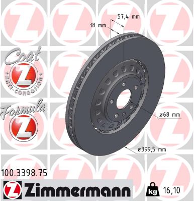 ZIMMERMANN Bremseskive 100.3398.75 venstre foraksel 400mm 38mm for AUDI