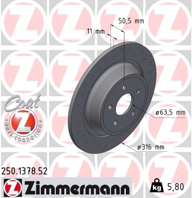 ZIMMERMANN Bremseskive 250137852 bagaksel perforeret 316mm 11mm for FORD