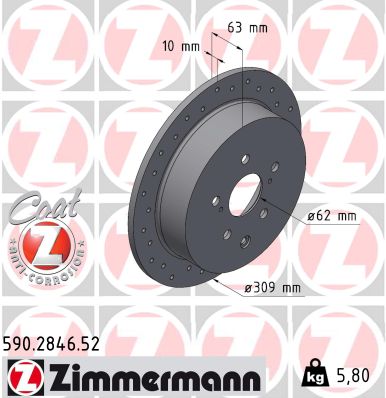 ZIMMERMANN Bremseskive 590284652 bagaksel perforeret 309mm 10mm for LEXUS TOYOTA