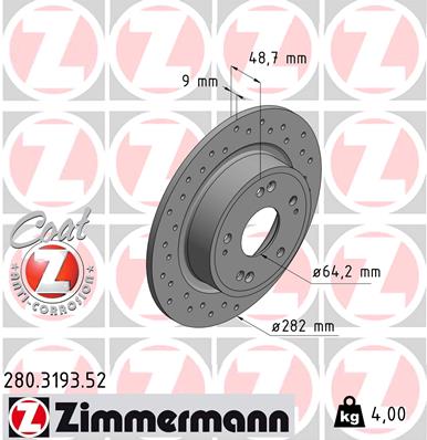 ZIMMERMANN Bremseskive 280319352 bagaksel perforeret 282mm 9mm for HONDA