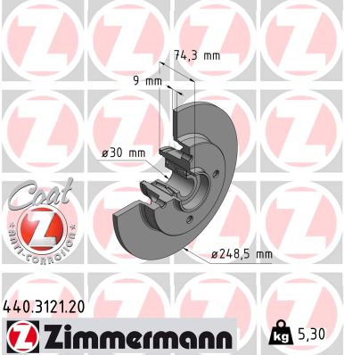 ZIMMERMANN Bremseskive 440312120 bagaksel fuld 248mm 9mm for CITROËN/PEUGEOT