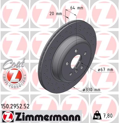 ZIMMERMANN Bremseskive 150295252 Bagaksel venstre perforeret 330mm 20mm for BMW (BRILLIANCE) BMW TOYOTA