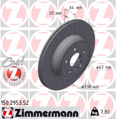 ZIMMERMANN Bremseskive 150295352 Bagaksel højre perforeret 330mm 20mm for BMW BMW (BRILLIANCE) TOYOTA