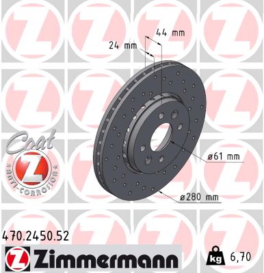 ZIMMERMANN Bremseskive 470245052 foraksel perforeret 280mm 24mm for RENAULT DACIA