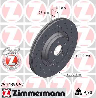 ZIMMERMANN Bremseskive 250139652 foraksel perforeret 335mm 25mm for FORD