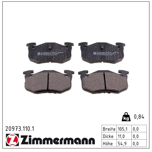 ZIMMERMANN Bremseklodser 209731101 bagaksel for PEUGEOT CITROËN PEUGEOT (DF-PSA) RENAULT