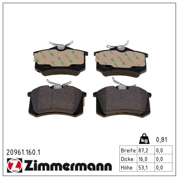 ZIMMERMANN Bremseklodser 209611601 bagaksel for OPEL PEUGEOT (DF-PSA) CITROËN (DF-PSA) RENAULT VAG CITROËN/PEUGEOT