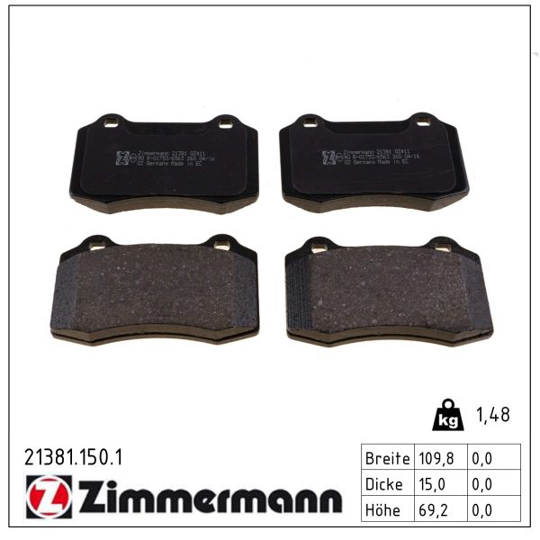ZIMMERMANN Bremseklodser 213811501 for VOLVO JAGUAR VAG CITROËN/PEUGEOT
