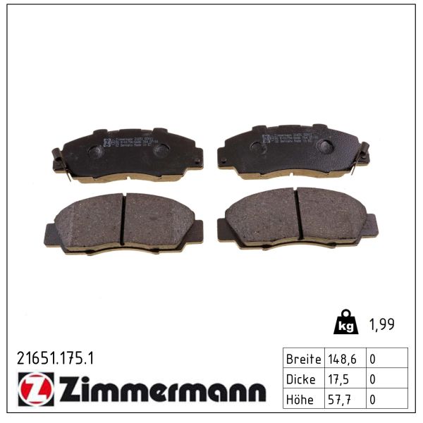ZIMMERMANN Bremseklodser 216511751 foraksel for HONDA ROVER