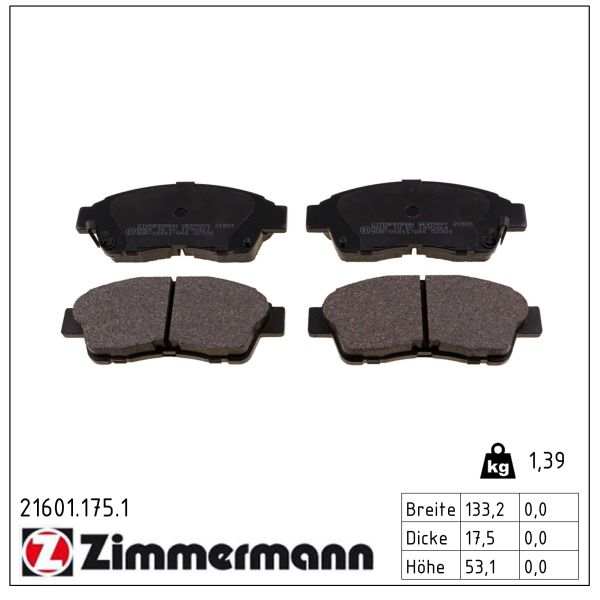 ZIMMERMANN Bremseklodser 216011751 foraksel for TOYOTA