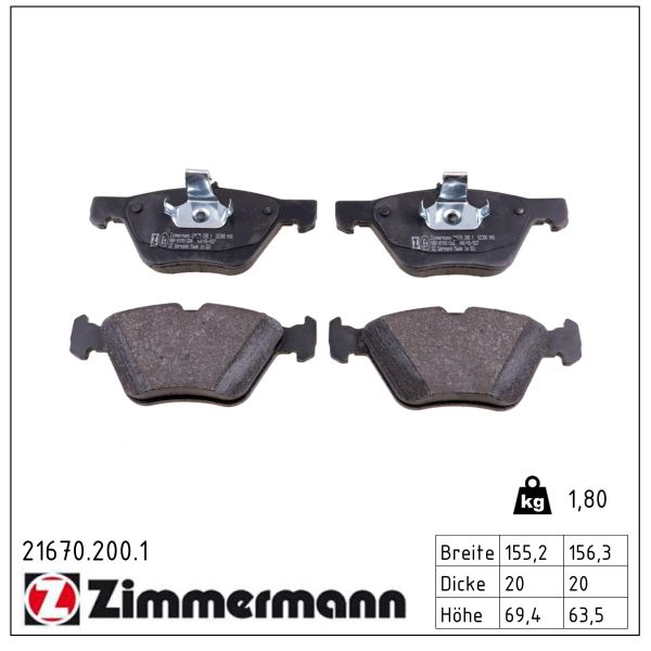 ZIMMERMANN Bremseklodser 216702001 foraksel for CHRYSLER MERCEDES-BENZ