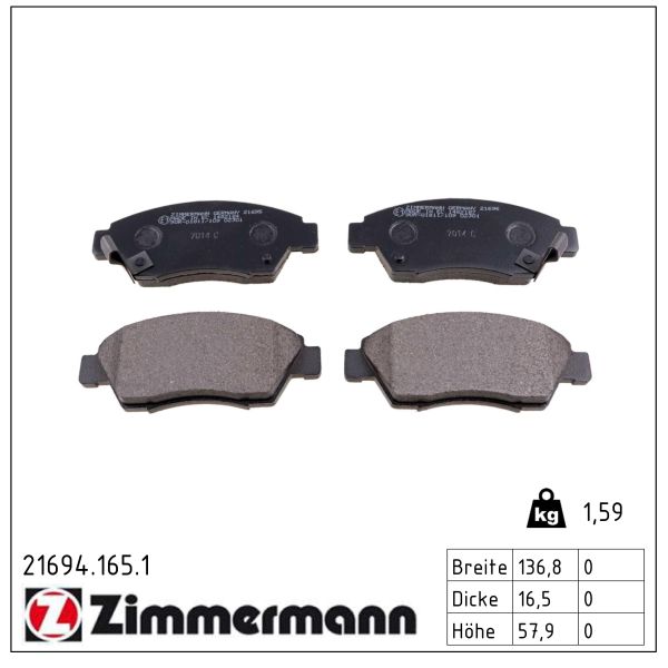 ZIMMERMANN Bremseklodser 216941651 foraksel for HONDA