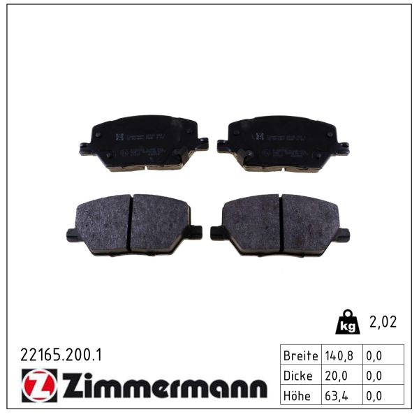 ZIMMERMANN Bremseklodser 221652001 foraksel for FIAT JEEP ALFA ROMEO