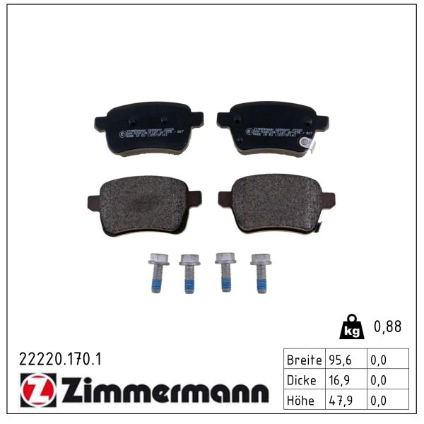ZIMMERMANN Bremseklodser 222201701 bagaksel for OPEL FIAT GENERAL MOTORS